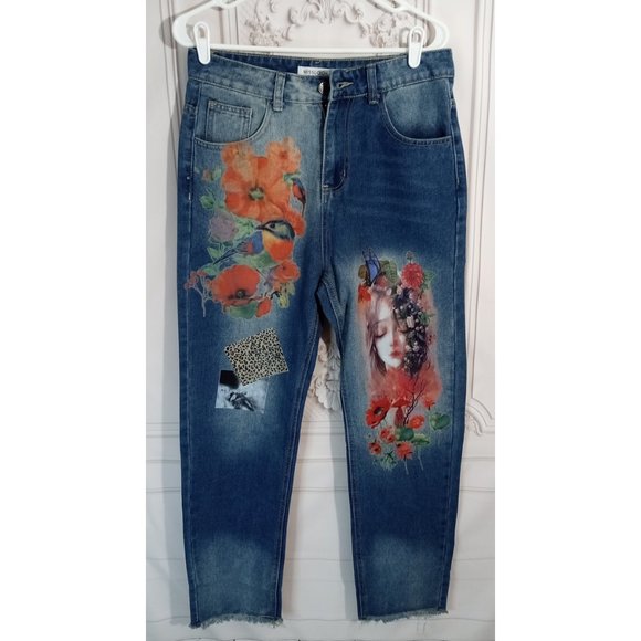 MISSLOOK Denim - MissLook Women's High Waist Printed Floral Blue Jeans  Raw Hem Sz Medium